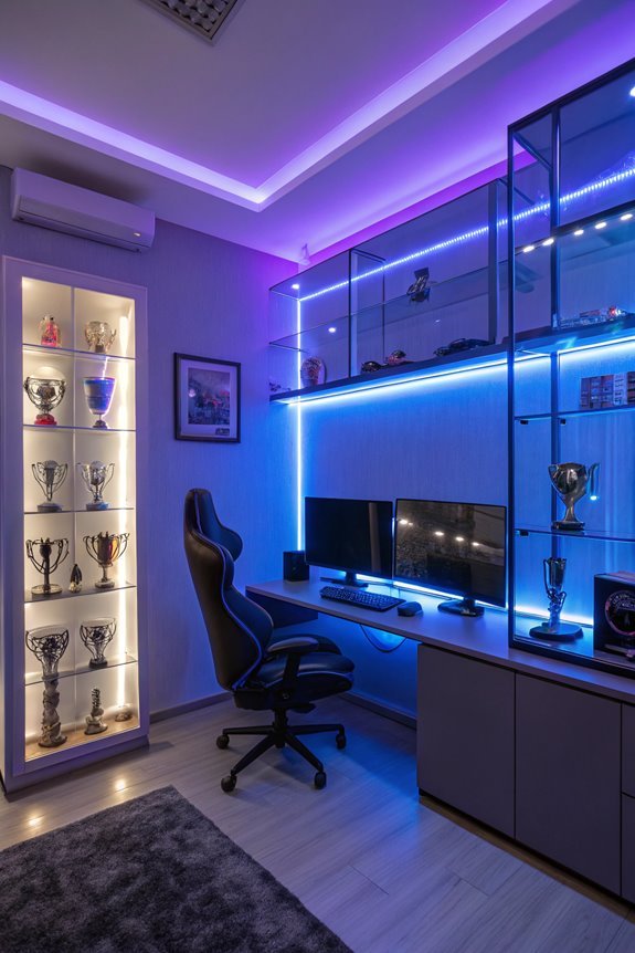 trophies showcased on shelves
